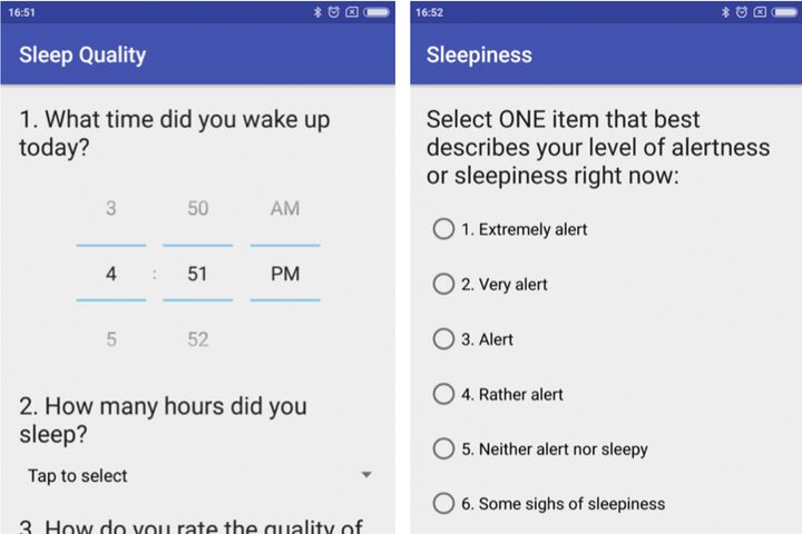 Phone application for data recording with sleep and alertness surveys