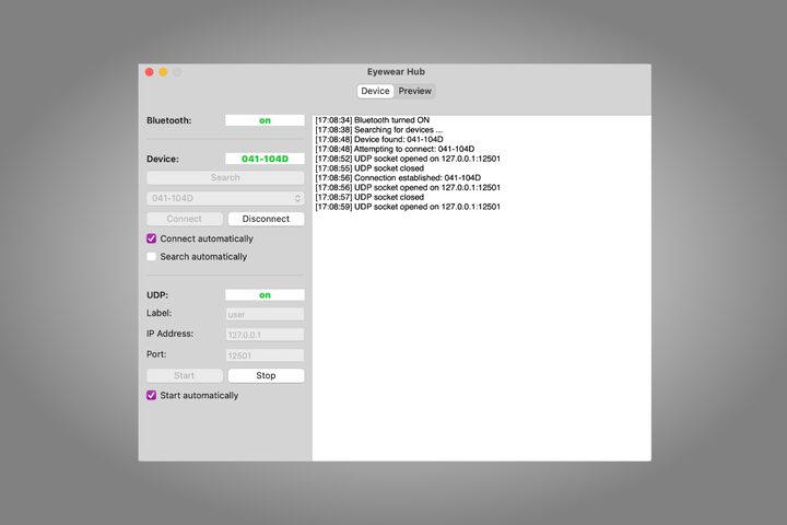 Desktop application connecting to the glasses over Bluetooth and streaming sensor data