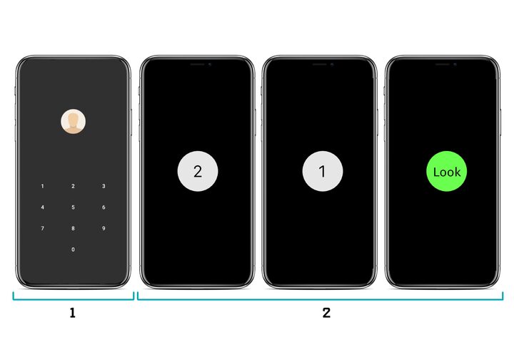 Screens of the study application: PIN entry and gaze entry with a countdown