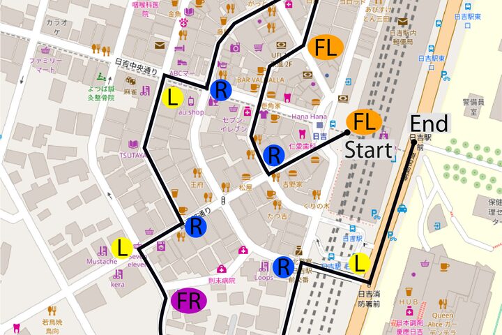 Map of the navigated walk with the direction cues marked along the route