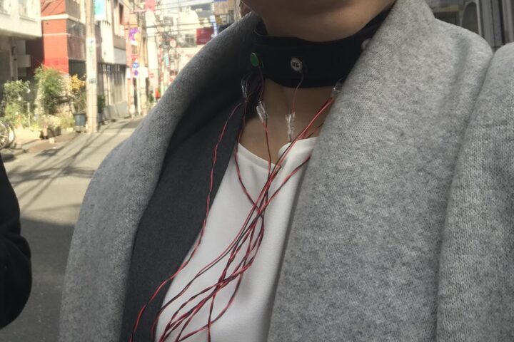 Collar worn under a scarf on a city street