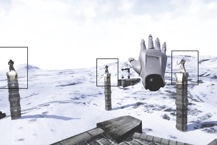 First-person view of the virtual environment with a tracked glove and highlighted targets