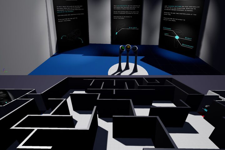 Overview of a generated maze with instruction panels at the start