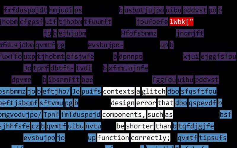 Screen of scrambled text with a few legible words at the point where the reader is looking