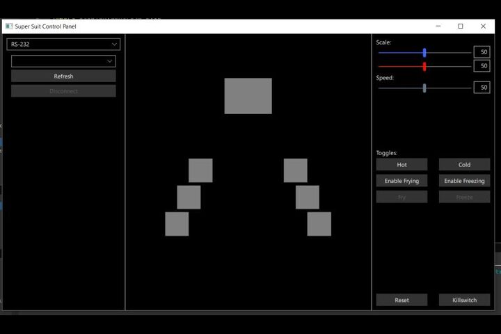 Control utility showing the thermal channels of the suit