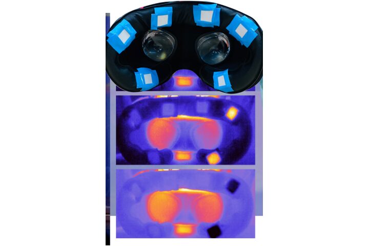 Headset with six Peltier elements and thermal camera images of hot and cold actuation