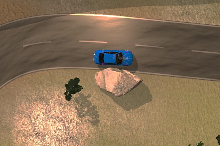 Simulated road scene with a car approaching an obstacle