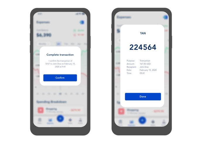 Banking app screens: confirming a transaction by push and by one-time code