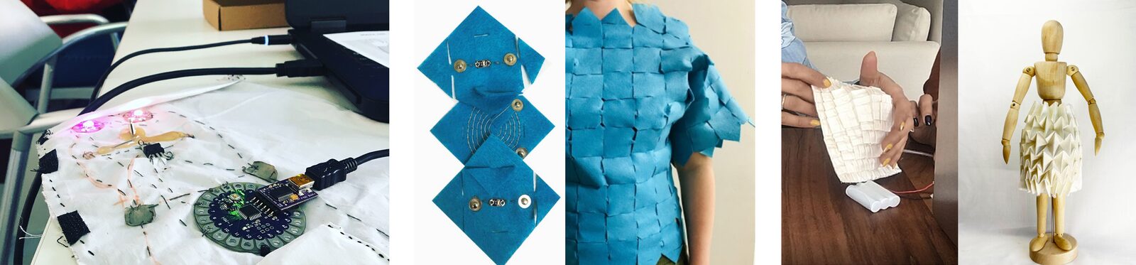 Example toolkits for wearables discussed at the workshop: an e-textile prototype, modular textile pieces and shape-changing fabric samples